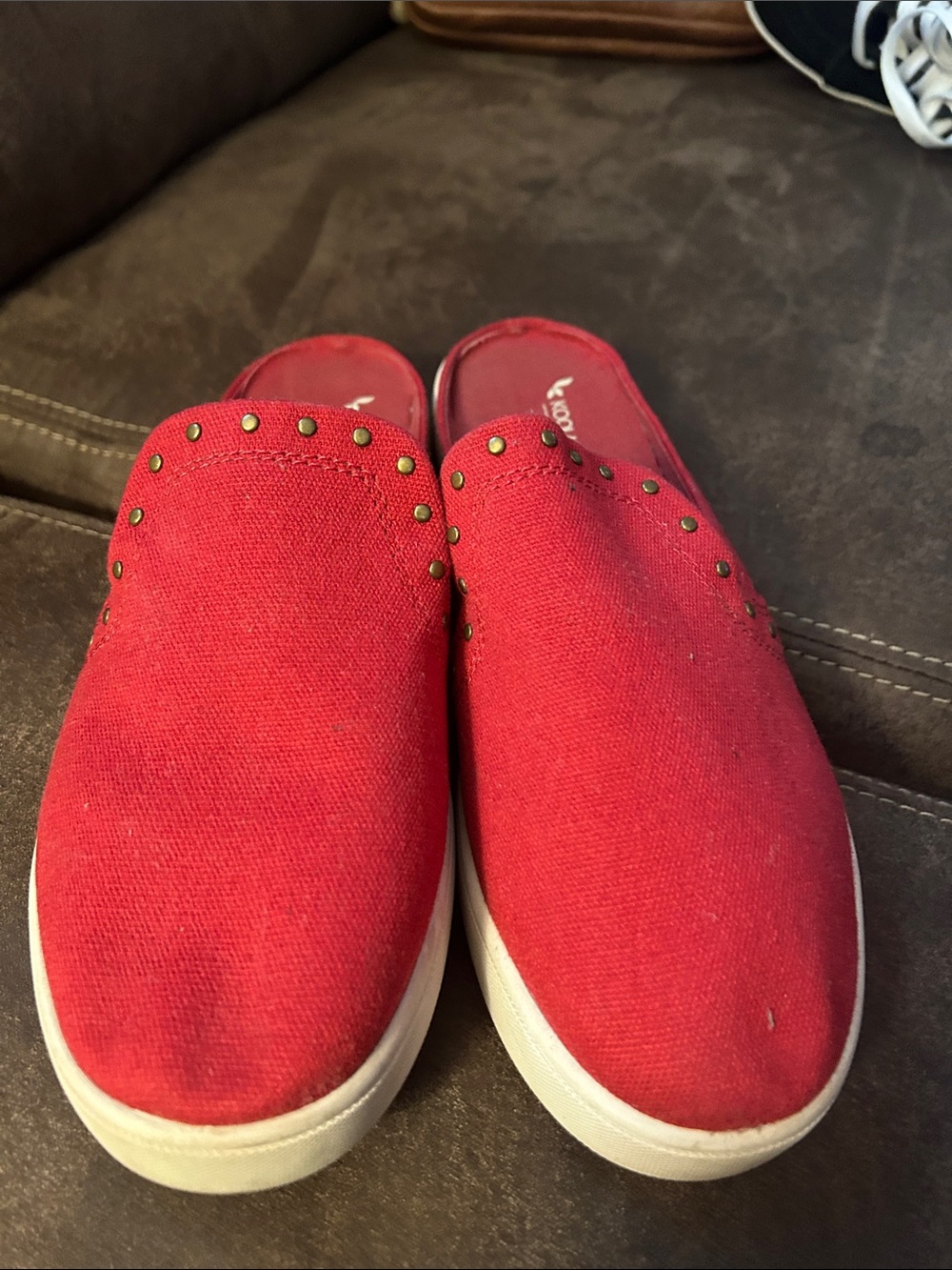 Koolaburra Red Canvas Slip-On Mules with Stud Accents